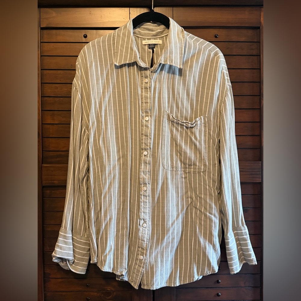 American Eagle Outfitters Green Striped Button Down Shirt
